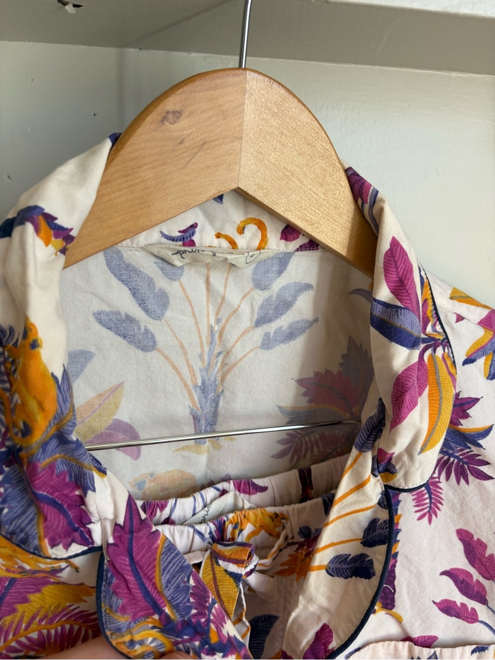 Tropical Palm Short Pajama Set in Cream with Purple & Yellow Print - Picture 8 of 10